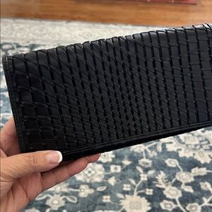 Cole Haan Black Woven Leather Weave Clutch with gold chain strap medium size